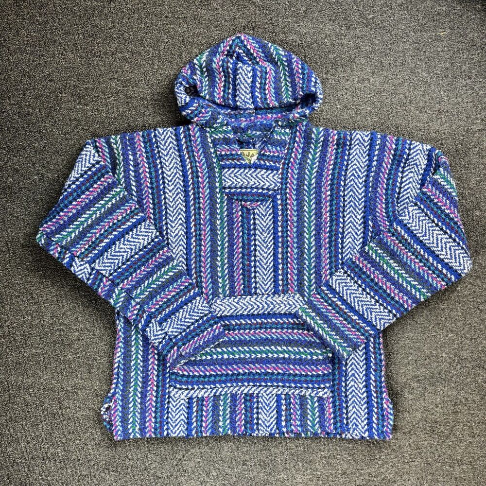 Baja Joe Unisex M Drug Rug Pullover Hoodie Blue Multicolor Striped Hippie Stoner
